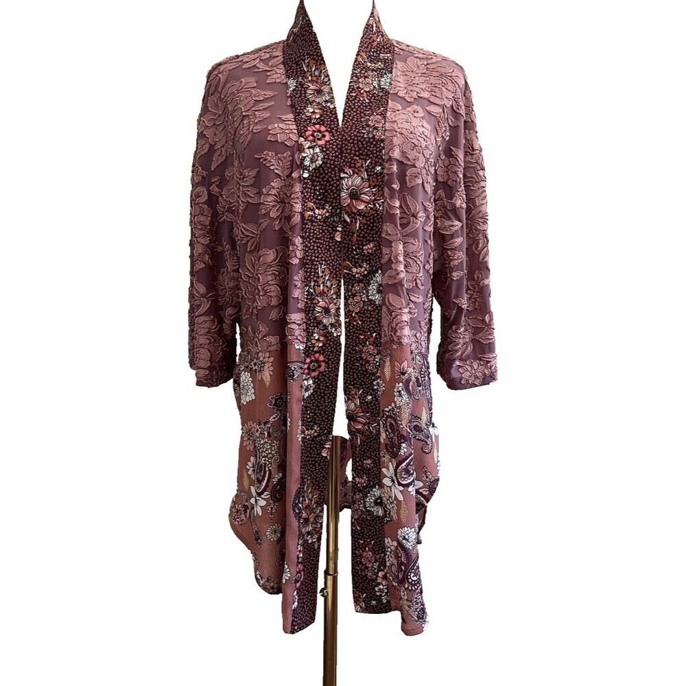 Ivy Jane Kimono Womens Multicolor S/M Floral Open Front Velvet‎ Cardigan
